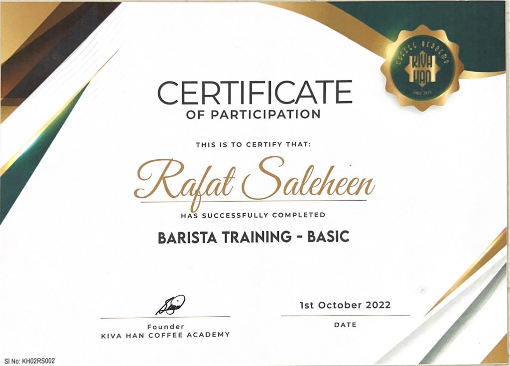 Rafat Saleheen Certificate Rafat Saleheen Barista Training Certificate