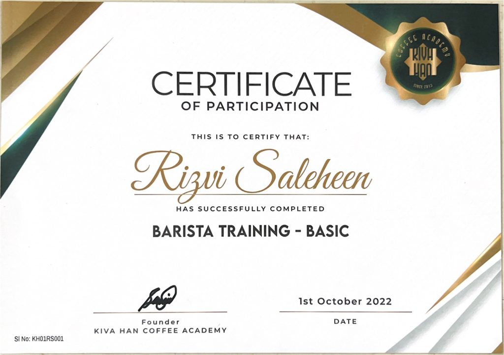 Rizvi Saleheen Certificate Rizvi Saleheen Barista Training Certificate